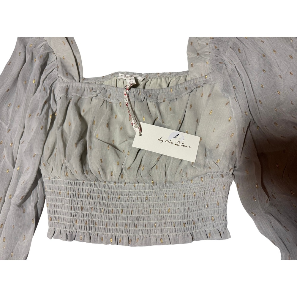By the River Gray Gold Metallic Smocked Crop Top Balloon Sleeve Blouse - Picture 3 of 7